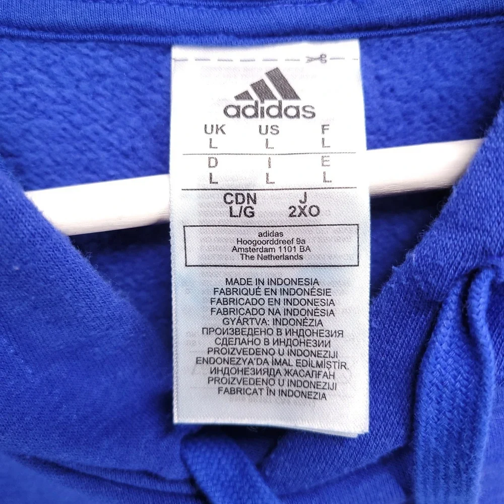 ADIDAS Sweater Mens Size LARGE Essentials Fleece Blue Colorblock Logo Hoodie‎